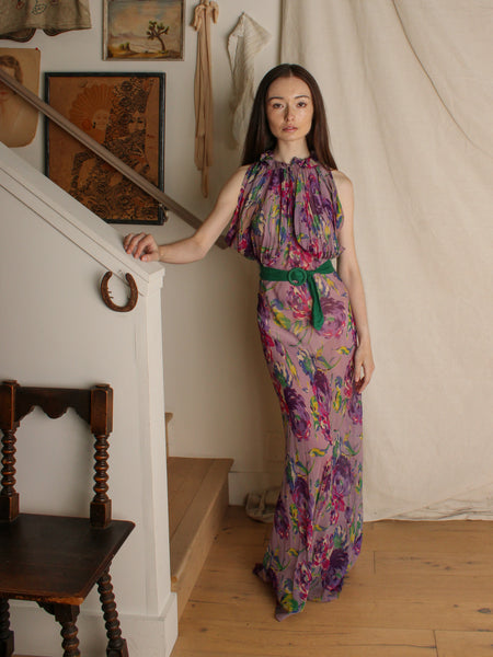 30s Purple Floral Silk Chiffon Gown