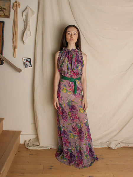 30s Purple Floral Silk Chiffon Gown