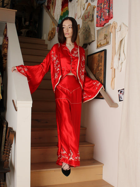30s Three Piece Embroidered Silk Lounge Ensemble