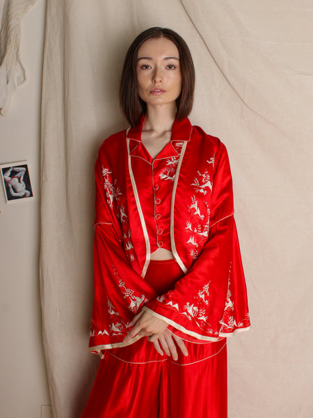 30s Three Piece Embroidered Silk Lounge Ensemble