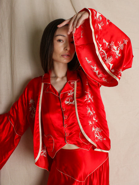 30s Three Piece Embroidered Silk Lounge Ensemble