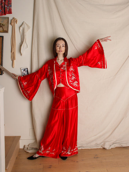 30s Three Piece Embroidered Silk Lounge Ensemble