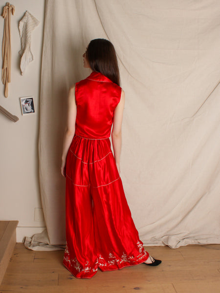 30s Three Piece Embroidered Silk Lounge Ensemble