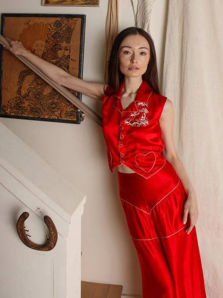 30s Three Piece Embroidered Silk Lounge Ensemble