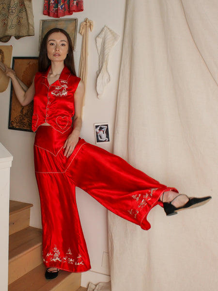 30s Three Piece Embroidered Silk Lounge Ensemble