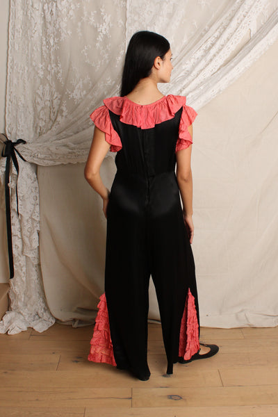 30s Ruffle Trim Silk Jumpsuit