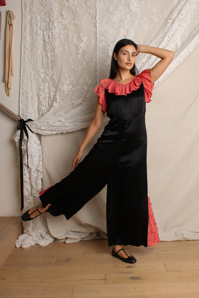 30s Ruffle Trim Silk Jumpsuit