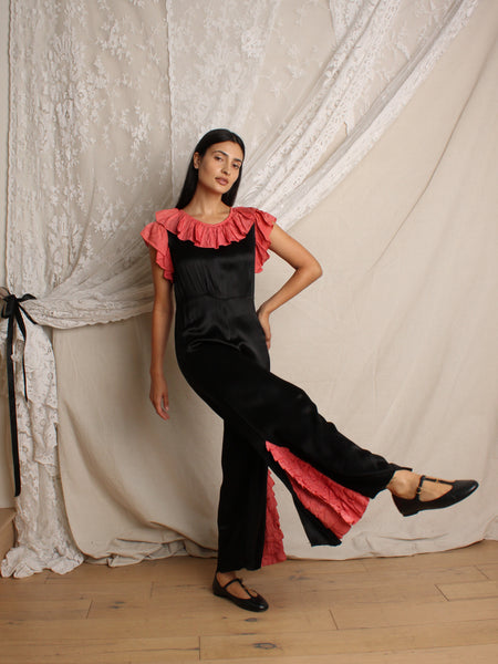 30s Ruffle Trim Silk Jumpsuit