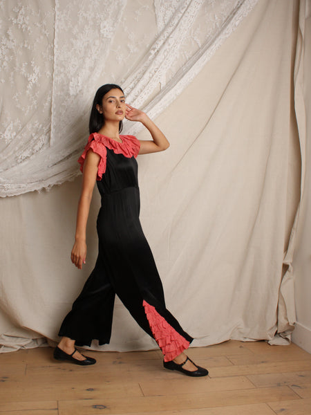 30s Ruffle Trim Silk Jumpsuit