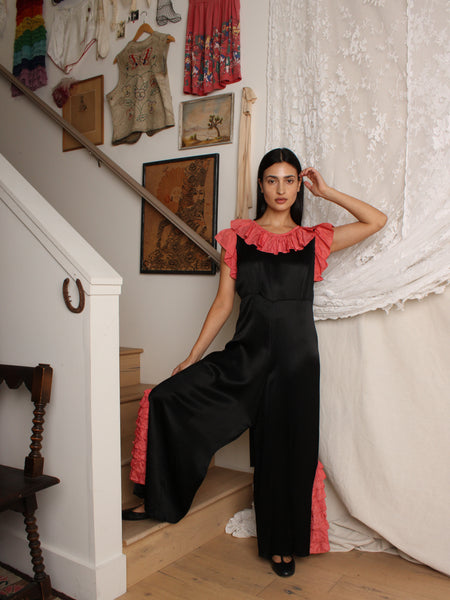 30s Ruffle Trim Silk Jumpsuit