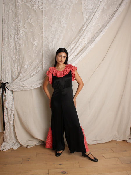 30s Ruffle Trim Silk Jumpsuit