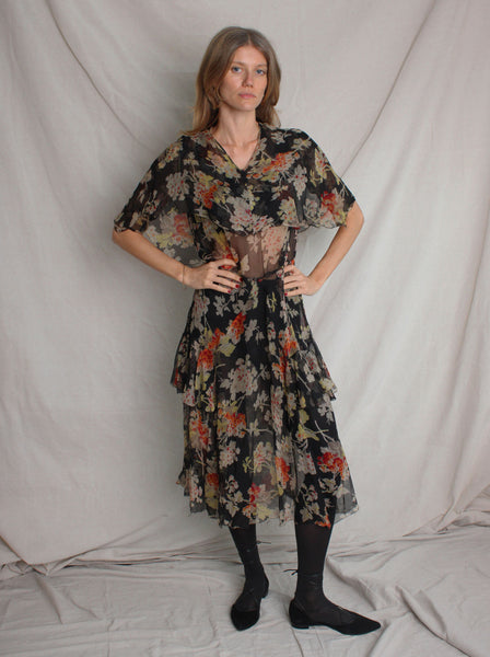 30s Silk Chiffon Tiered Dress