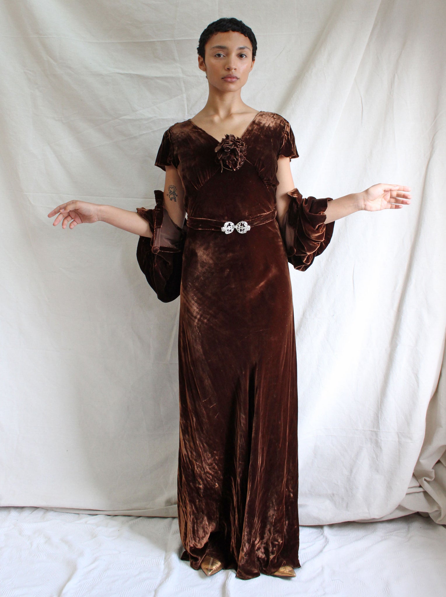 30s Silk Velvet Ensemble in Chocolate