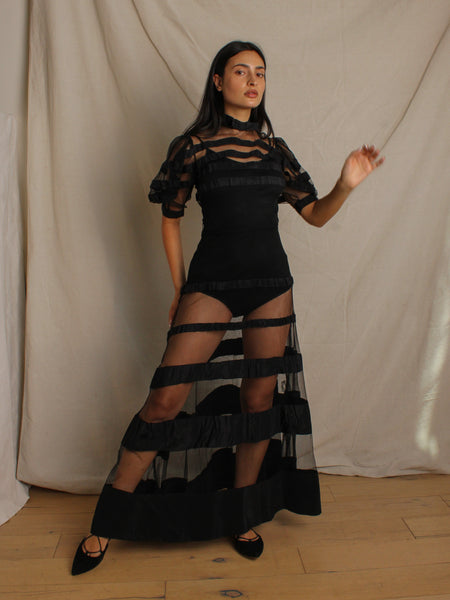 30s Tulle & Taffeta Striped Gown