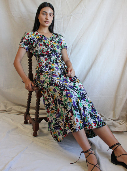 40s Silk Crepe Watercolor Floral Gown