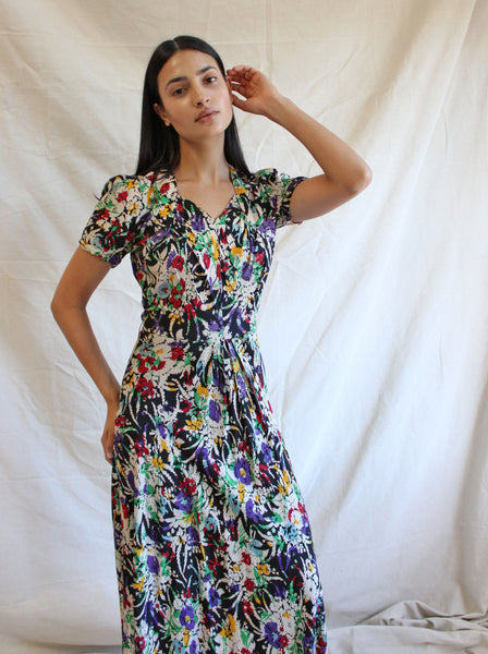 40s Silk Crepe Watercolor Floral Gown