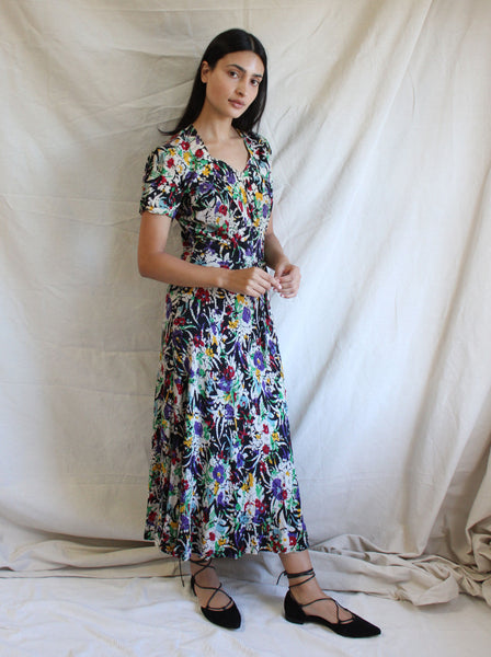 40s Silk Crepe Watercolor Floral Gown