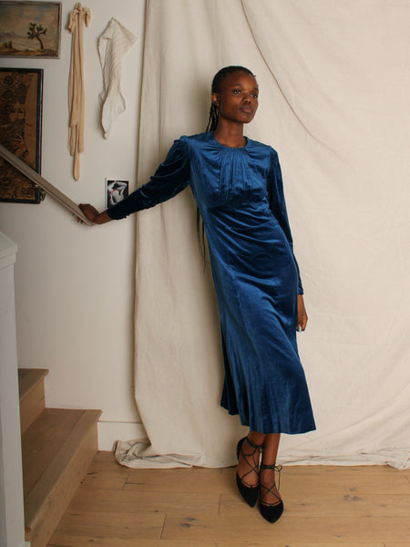 40s Cobalt Silk Velvet Dress