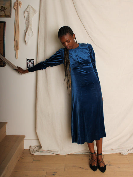 40s Cobalt Silk Velvet Dress