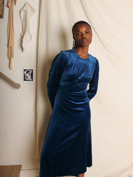 40s Cobalt Silk Velvet Dress