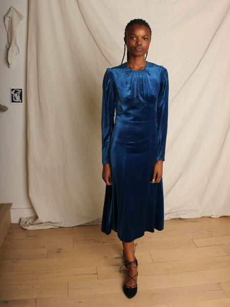 40s Cobalt Silk Velvet Dress