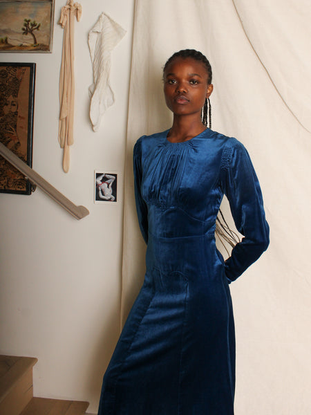 40s Cobalt Silk Velvet Dress