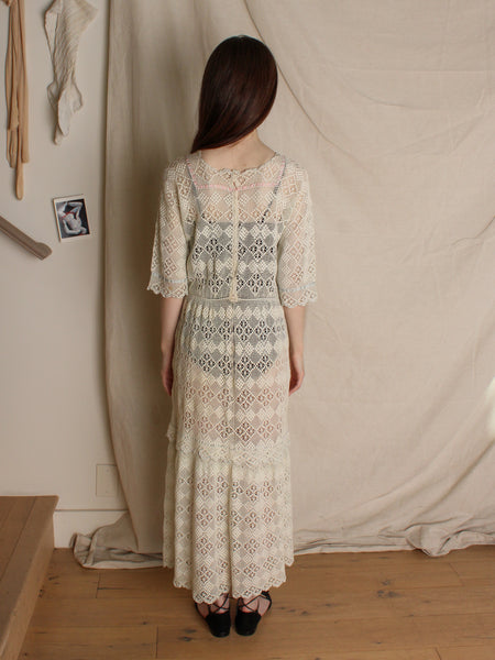 Antique Crochet Lace Dress w Ribbon Trim