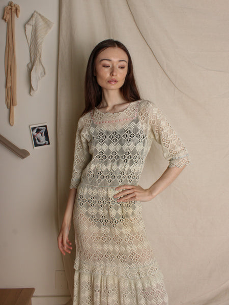Antique Crochet Lace Dress w Ribbon Trim