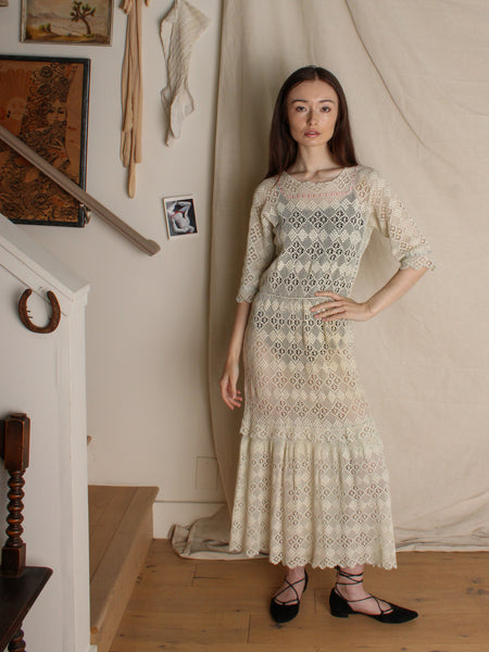 Antique Crochet Lace Dress w Ribbon Trim