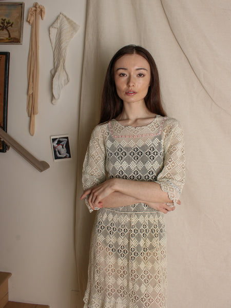 Antique Crochet Lace Dress w Ribbon Trim