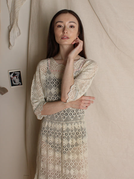 Antique Crochet Lace Dress w Ribbon Trim
