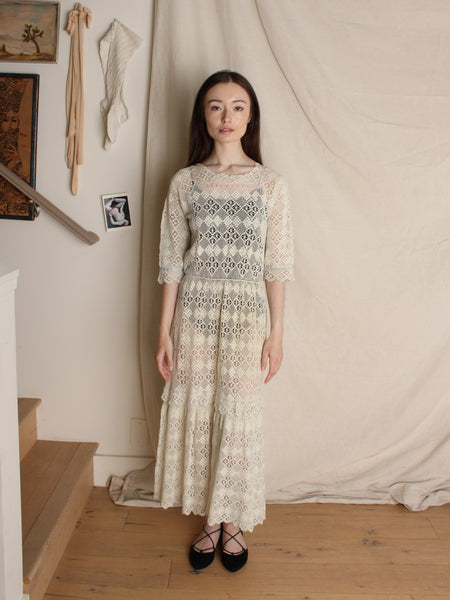 Antique Crochet Lace Dress w Ribbon Trim