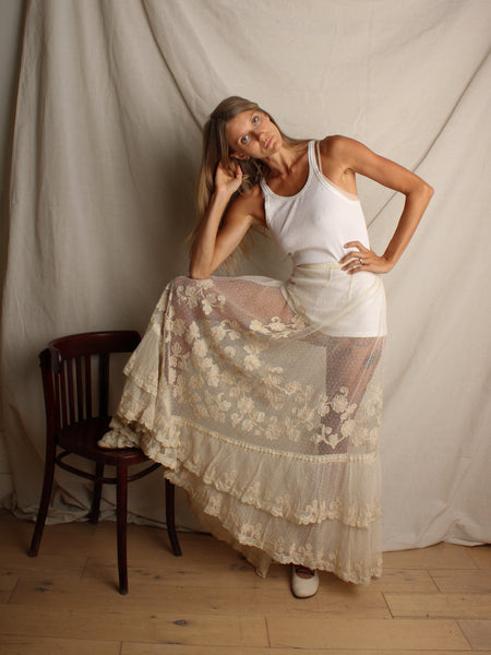 Antique Swiss Dot Tulle Skirt w Floral Motif