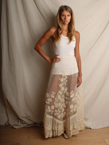 Antique Swiss Dot Tulle Skirt w Floral Motif