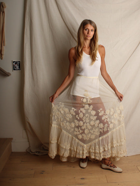 Antique Swiss Dot Tulle Skirt w Floral Motif