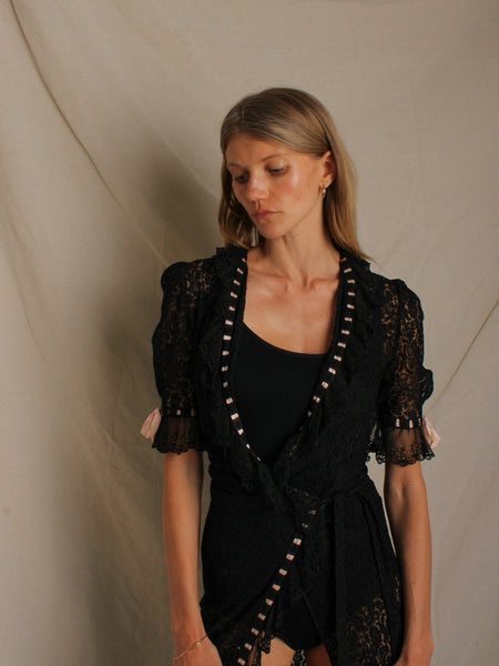 30s Ribbon Trim Black Lace Wrap Dress