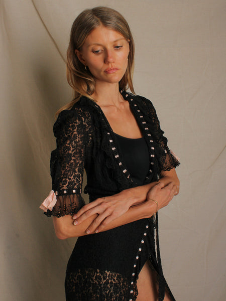 30s Ribbon Trim Black Lace Wrap Dress