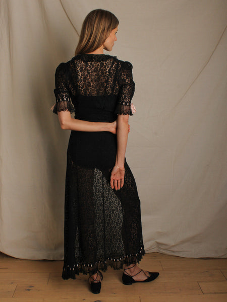 30s Ribbon Trim Black Lace Wrap Dress