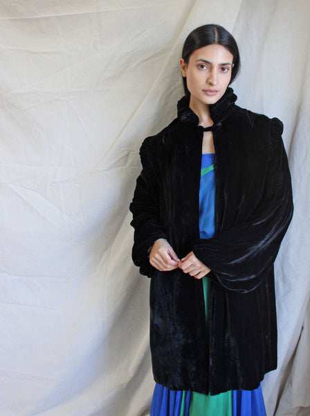 20s Black Silk Velvet Coat