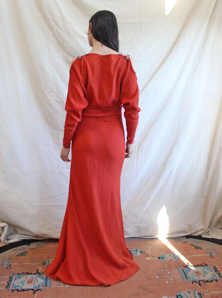 30s Cold Shoulder Rhinestone Trim Gown