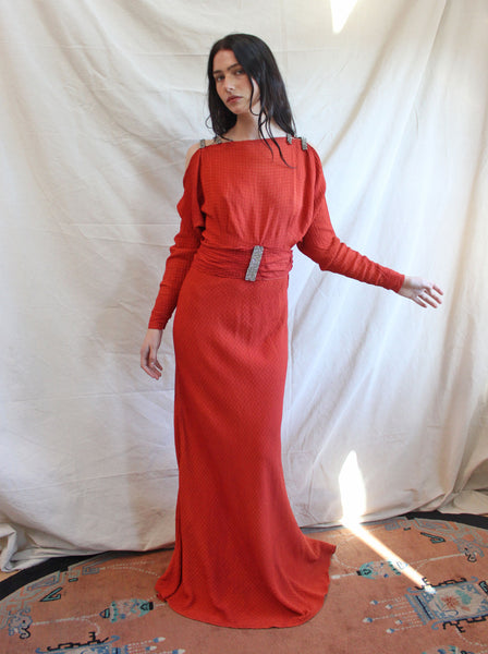 30s Cold Shoulder Rhinestone Trim Gown