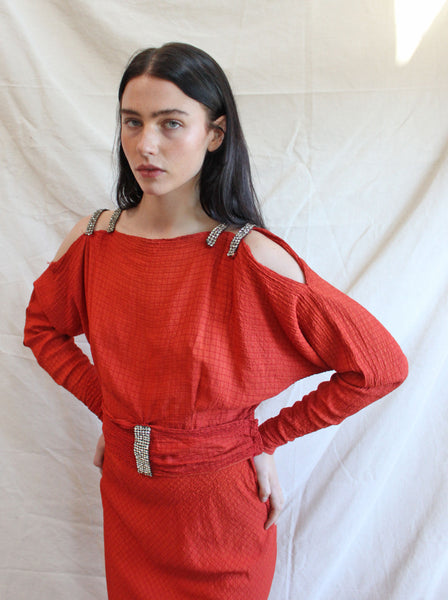 30s Cold Shoulder Rhinestone Trim Gown