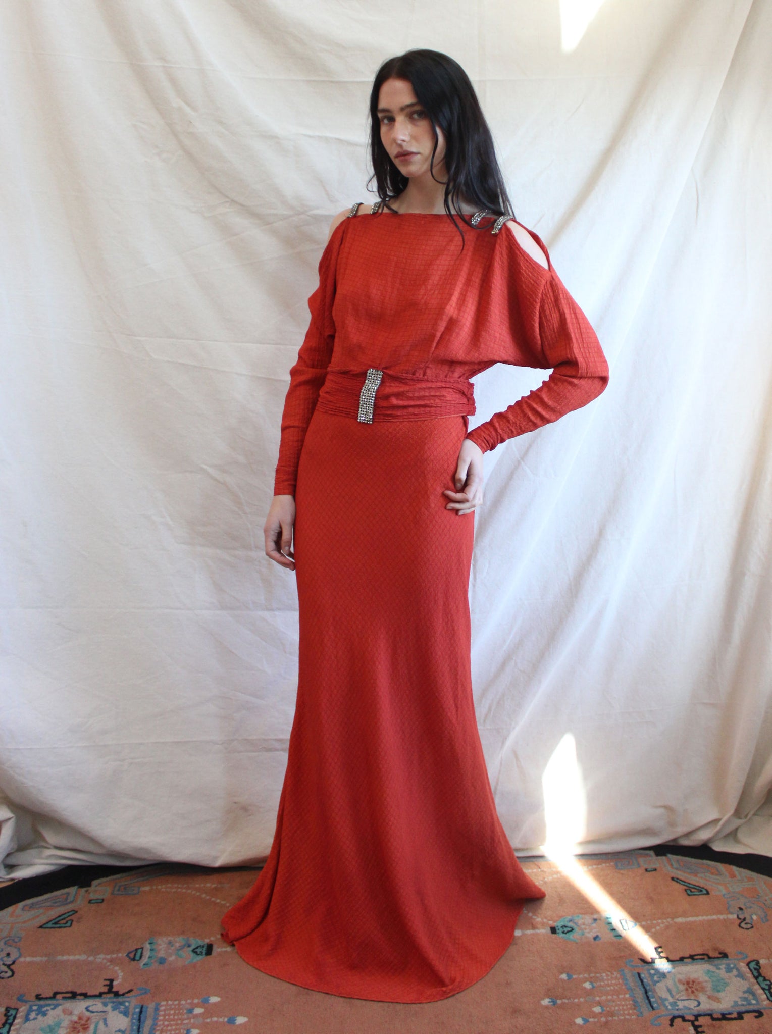 30s Cold Shoulder Rhinestone Trim Gown