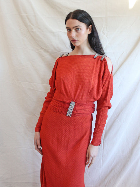 30s Cold Shoulder Rhinestone Trim Gown