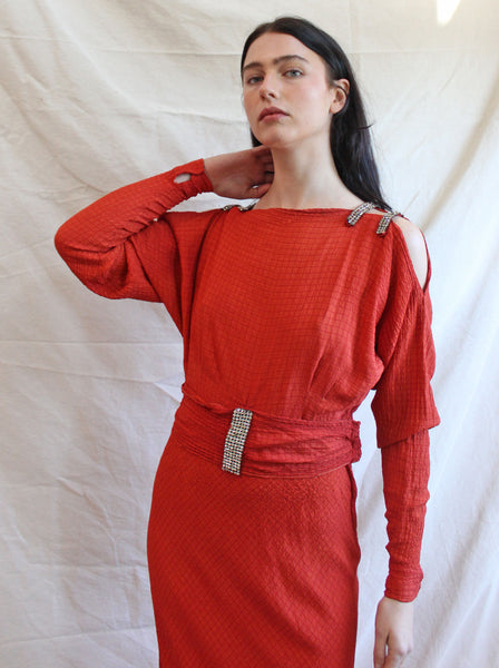 30s Cold Shoulder Rhinestone Trim Gown