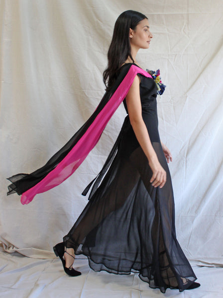 30s Silk Chiffon Color Block Gown