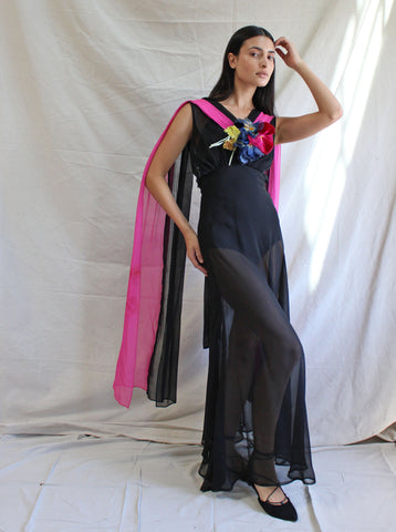 30s Silk Chiffon Color Block Gown