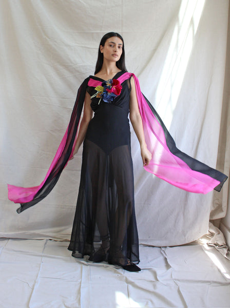 30s Silk Chiffon Color Block Gown