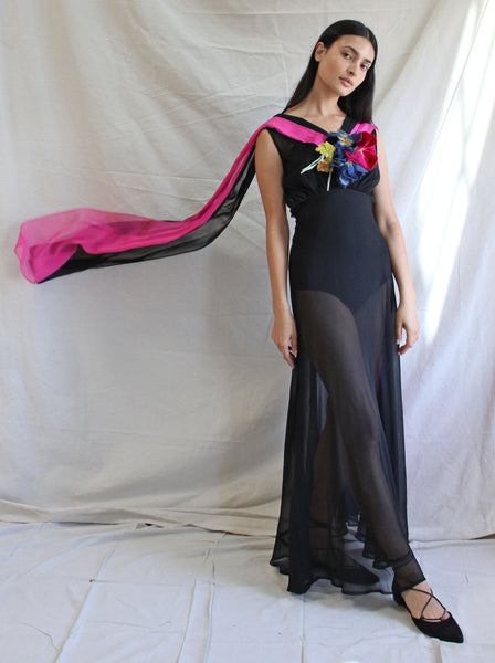 30s Silk Chiffon Color Block Gown