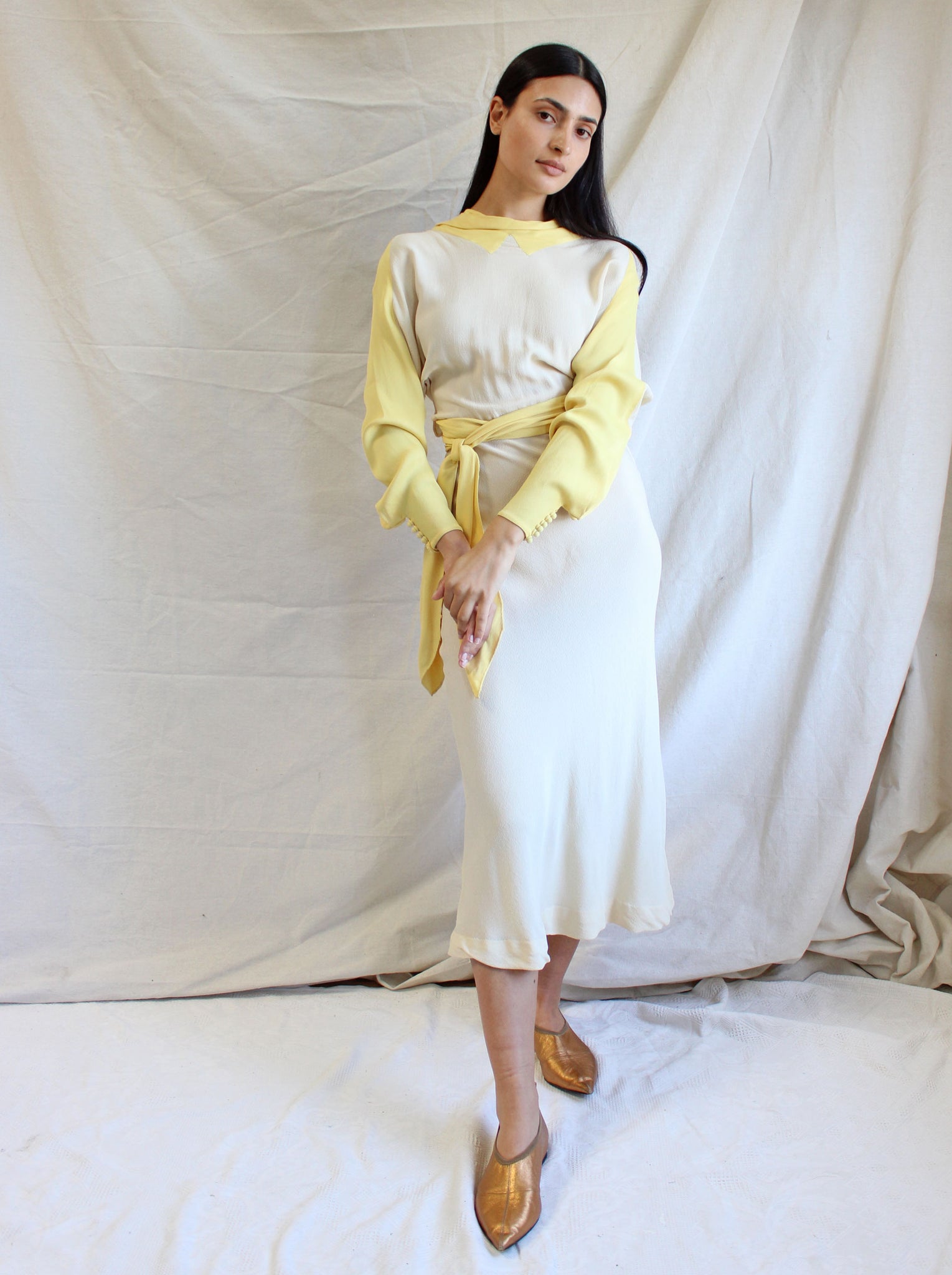 30s Yellow & Cream Wrap Dress